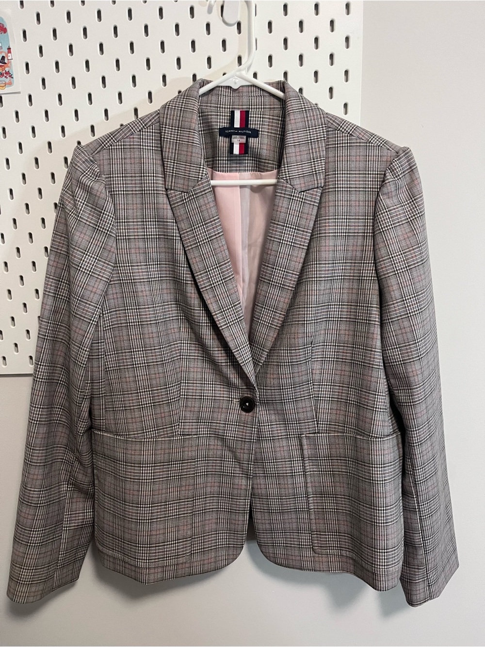 Tommy Hilfiger Plaid Blazer Women's Size 14 Pink Gray One Button Career Jacket
